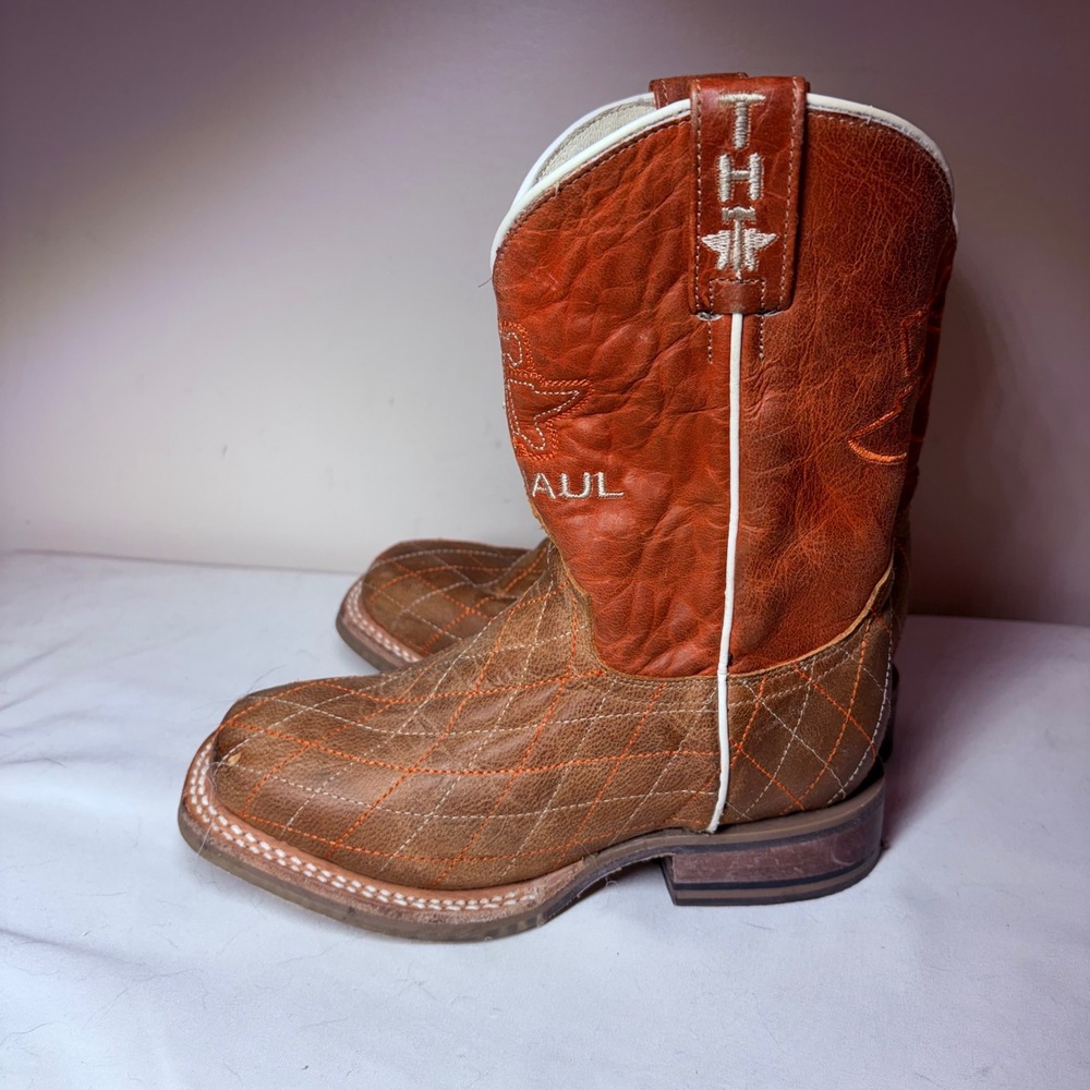 Tin Haul Kids Crossed Brown Orange Leather Patriotic‎ Square Toe Cowboy Boots 12